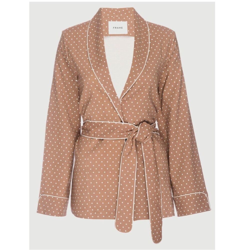 FRAME Polka Dot Smoking Jacket Brown Ivory Almondine Polka Dot Belted Blazer